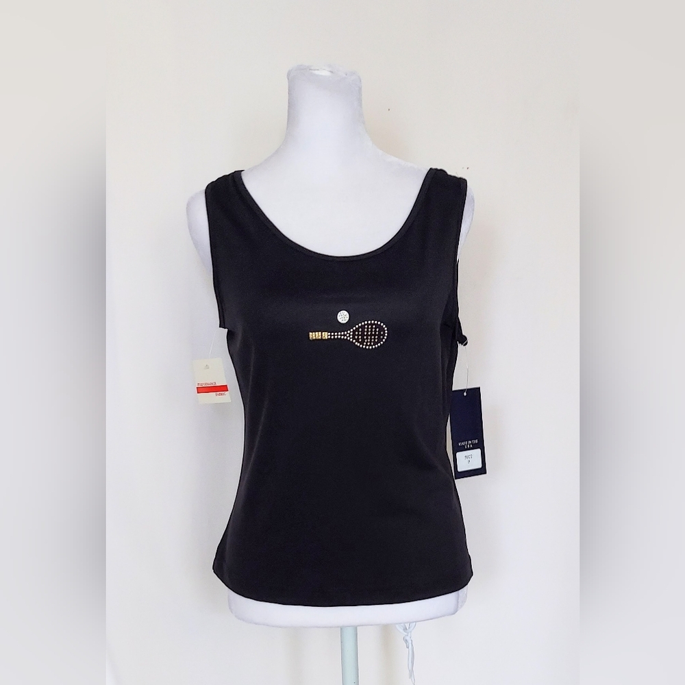Lily's of Beverly Hills Rhinestone Tennis Tank Top Womens Size Small Black NWT